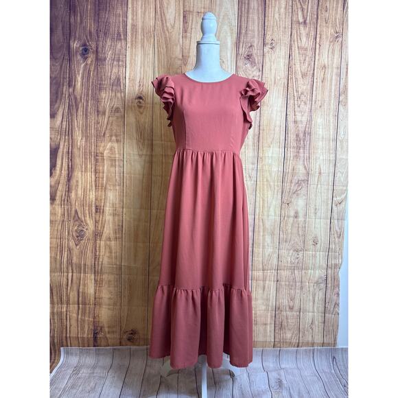 SHEIN Dresses & Skirts - Shein Ruffle Short Sleeve Tiered Midi Dress Terracotta Color Women's Size M